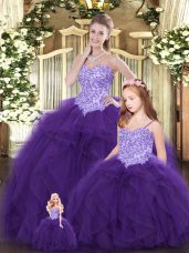 Great Beading and Ruffles Quinceanera Dress Eggplant Purple Lace Up Sleeveless Floor Length