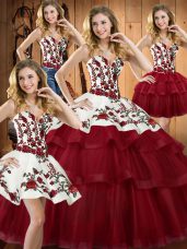 Wine Red Ball Gowns Embroidery 15 Quinceanera Dress Lace Up Organza Sleeveless
