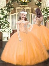 Unique Floor Length Orange Little Girl Pageant Gowns Tulle Sleeveless Beading