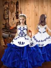 Royal Blue Ball Gowns Organza Straps Sleeveless Embroidery and Ruffles Floor Length Lace Up Party Dress