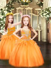 Orange Sleeveless Floor Length Beading Lace Up Party Dress for Girls