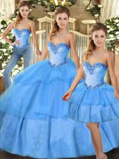 Floor Length Baby Blue Sweet 16 Dress Organza Sleeveless Beading and Ruffled Layers
