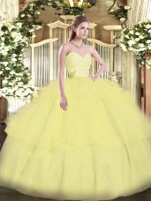 Excellent Floor Length Lace Up Vestidos de Quinceanera Light Yellow for Military Ball and Sweet 16 and Quinceanera with Beading and Ruffled Layers
