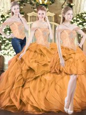 Fitting Orange Red Sleeveless Floor Length Beading and Ruffles Lace Up Vestidos de Quinceanera