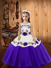 Charming Purple Ball Gowns Organza Straps Sleeveless Embroidery Floor Length Lace Up Pageant Gowns For Girls