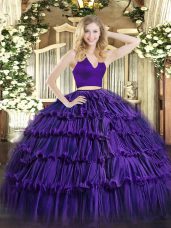 Purple Vestidos de Quinceanera Military Ball and Sweet 16 and Quinceanera with Ruffled Layers Halter Top Sleeveless Zipper