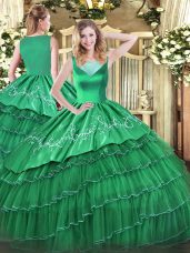 Elegant Turquoise Organza Side Zipper Sweet 16 Quinceanera Dress Sleeveless Floor Length Beading and Embroidery and Ruffled Layers