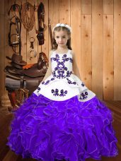 High End Organza Straps Sleeveless Lace Up Embroidery and Ruffles Pageant Dress for Womens in Eggplant Purple