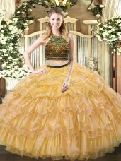 Floor Length Gold Vestidos de Quinceanera Organza Sleeveless Beading and Ruffled Layers