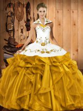Gold Sleeveless Satin and Organza Lace Up Ball Gown Prom Dress for Military Ball and Sweet 16 and Quinceanera