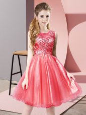 On Sale Coral Red Sleeveless Beading Knee Length Prom Gown