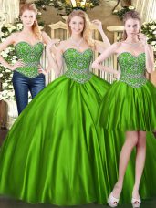 Sumptuous Green Sleeveless Floor Length Beading Lace Up 15 Quinceanera Dress