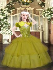 Sweet Olive Green Lace Up Party Dresses Beading and Ruffled Layers Sleeveless Floor Length