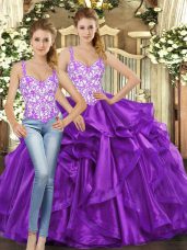 Edgy Straps Sleeveless Tulle Quinceanera Dress Beading and Ruffles Lace Up