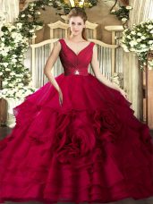 V-neck Sleeveless Backless Quince Ball Gowns Coral Red Organza
