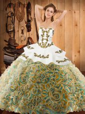 Eye-catching Multi-color Strapless Lace Up Embroidery Sweet 16 Dress Sweep Train Sleeveless