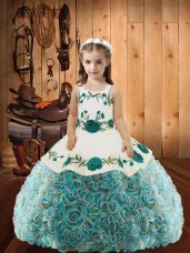 Multi-color Fabric With Rolling Flowers Lace Up Teens Party Dress Sleeveless Floor Length Embroidery and Ruffles