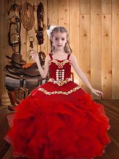 High Class Ball Gowns Kids Formal Wear Red Straps Organza Sleeveless Floor Length Lace Up