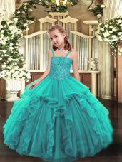 Teal Sleeveless Beading and Ruffles Floor Length Little Girls Pageant Dress