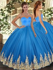 Artistic Sleeveless Tulle Floor Length Lace Up Vestidos de Quinceanera in Blue with Appliques