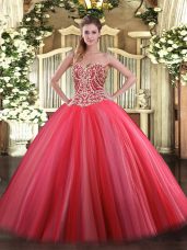 Customized Sleeveless Tulle Floor Length Lace Up Sweet 16 Dresses in Coral Red with Beading