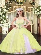 Custom Made Floor Length Light Yellow Pageant Gowns For Girls Straps Sleeveless Lace Up