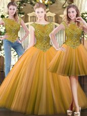 Superior Floor Length Olive Green Sweet 16 Quinceanera Dress Tulle Sleeveless Beading