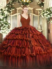 Cute V-neck Sleeveless Organza Quinceanera Gowns Beading and Ruffled Layers Zipper