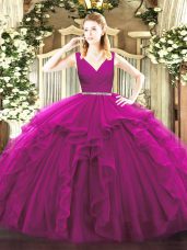 Fuchsia Ball Gowns Tulle V-neck Sleeveless Beading and Ruffles Floor Length Zipper Quinceanera Gowns