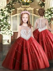 Discount Floor Length Red Girls Pageant Dresses Tulle Sleeveless Beading and Appliques