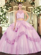 Fashionable Sleeveless Floor Length Beading and Appliques Zipper Quince Ball Gowns with Lilac