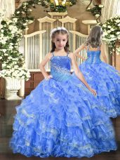 Straps Sleeveless Lace Up Party Dress Baby Blue Organza