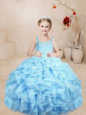 Baby Blue Organza Lace Up Straps Sleeveless Floor Length Casual Dresses Beading and Ruffles