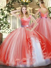 Ruffles Quinceanera Dress Watermelon Red Zipper Sleeveless Floor Length