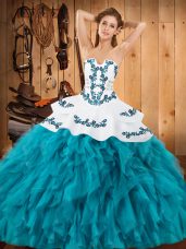 Admirable Teal Satin and Organza Lace Up Strapless Sleeveless Floor Length Vestidos de Quinceanera Embroidery and Ruffles