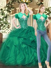 Spectacular Floor Length Dark Green Quinceanera Gowns Tulle Sleeveless Beading and Ruffles