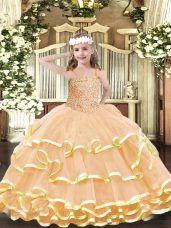Fashion Peach Lace Up Pageant Dress Wholesale Beading and Ruffled Layers Sleeveless Floor Length