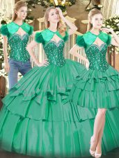 Exquisite Sweetheart Sleeveless Quinceanera Dresses Floor Length Beading and Ruffled Layers Turquoise Tulle