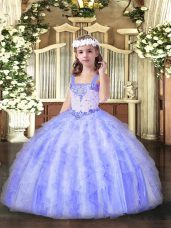 Floor Length Lavender Little Girl Pageant Gowns Organza Sleeveless Beading and Ruffles