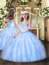Light Blue Organza Lace Up Pageant Gowns For Girls Sleeveless Floor Length Beading and Ruffles