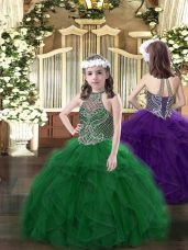Halter Top Sleeveless Lace Up Party Dress Dark Green Organza