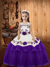 Eggplant Purple Ball Gowns Organza Straps Sleeveless Embroidery and Ruffled Layers Floor Length Lace Up Party Dress for Girls