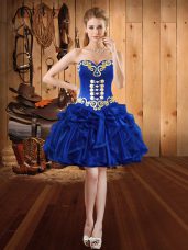 Cheap Sleeveless Organza Mini Length Lace Up Prom Gown in Royal Blue with Embroidery and Ruffles
