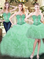 Wonderful Organza Sweetheart Sleeveless Lace Up Beading and Ruffles Sweet 16 Dresses in Apple Green
