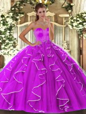 Floor Length Lace Up Quince Ball Gowns Fuchsia for Military Ball and Sweet 16 and Quinceanera with Beading and Ruffles