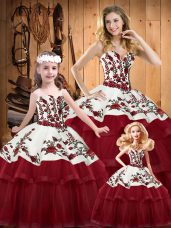 Extravagant Sleeveless Satin and Organza Floor Length Lace Up Quinceanera Dresses in Wine Red with Embroidery and Ruffled Layers