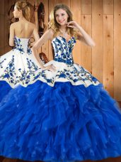 Blue Sleeveless Floor Length Embroidery and Ruffles Lace Up Sweet 16 Quinceanera Dress