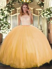 Designer Gold Tulle Clasp Handle Scoop Sleeveless Floor Length Sweet 16 Dresses Lace