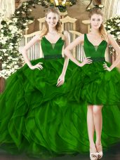 Modern Tulle Straps Sleeveless Lace Up Beading and Ruffles Quinceanera Gown in Dark Green