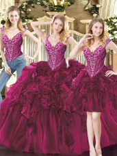 Fuchsia V-neck Neckline Beading and Ruffles Quince Ball Gowns Sleeveless Lace Up